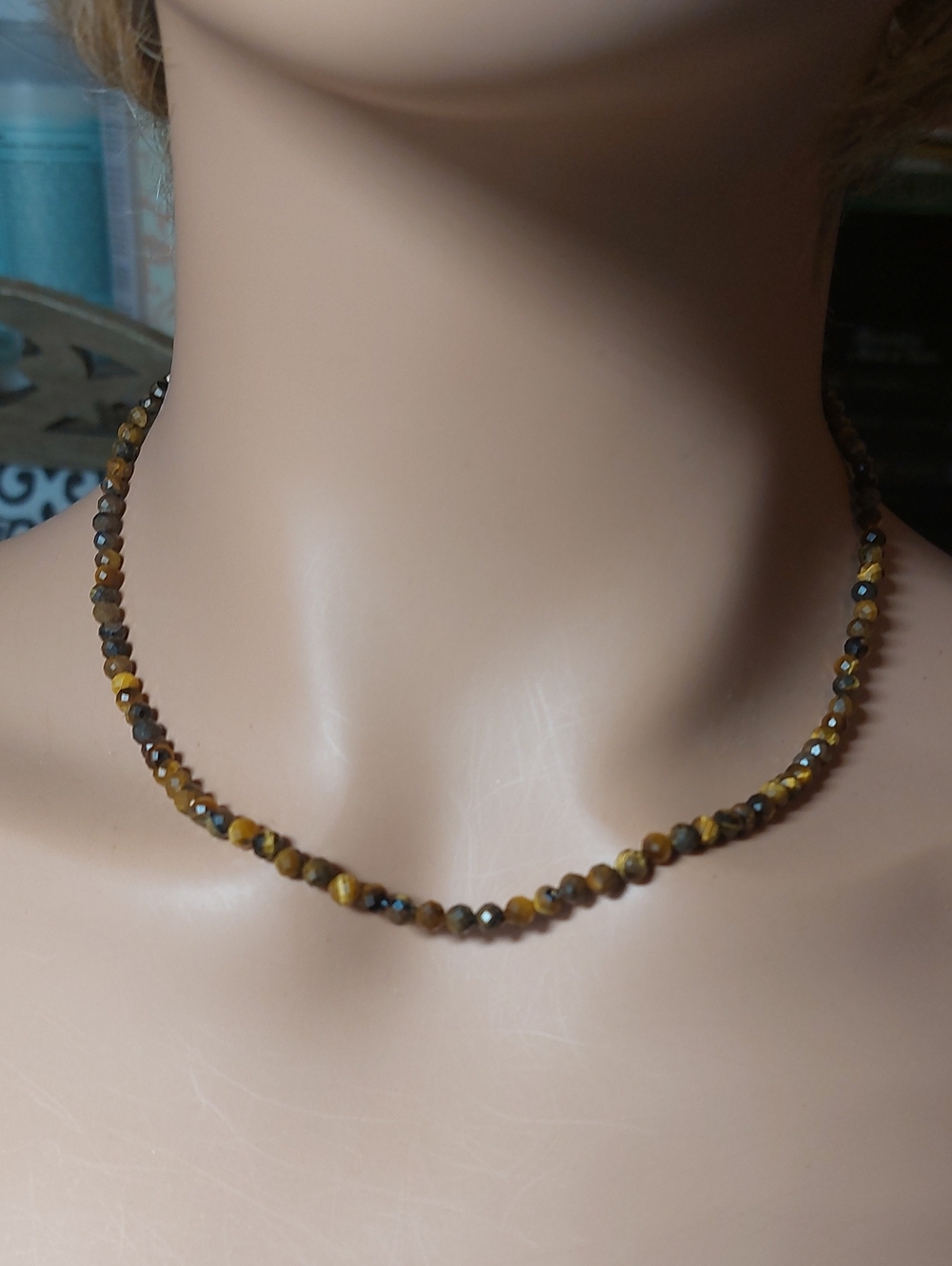 Faceted Tiger Eye Minimalist Bead Necklace 925 Sterling Silver Clasp 16-18"